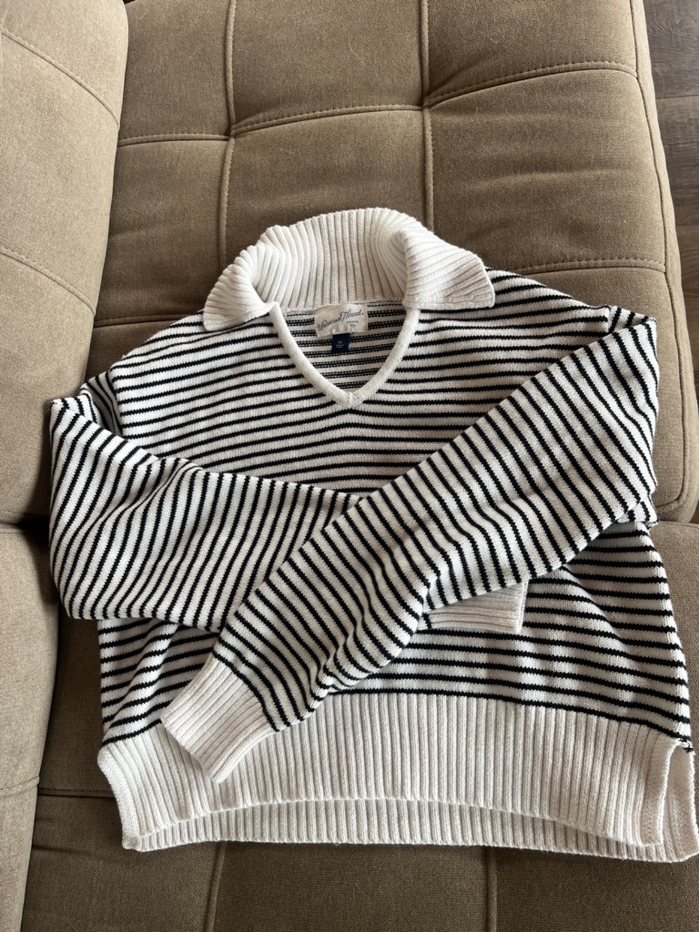 Striped V-Neck Collared Sweater in Black & Cream